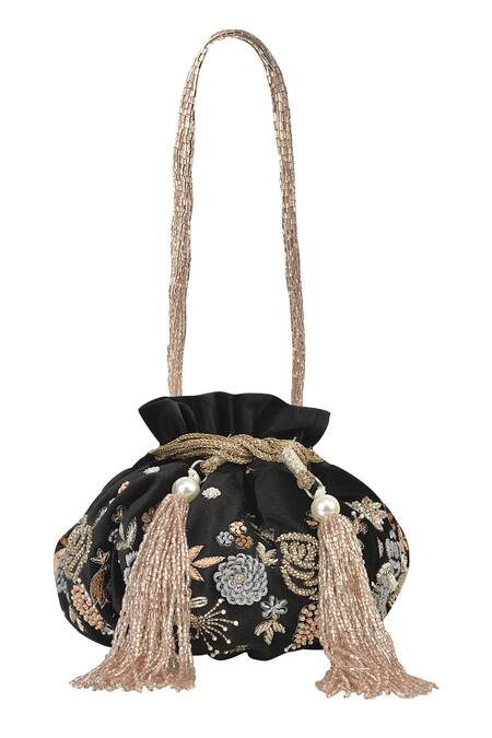 Buy_Ozel_Black Beads Velvet Embroidered Potli Bag_Online_at_Aza_Fashions