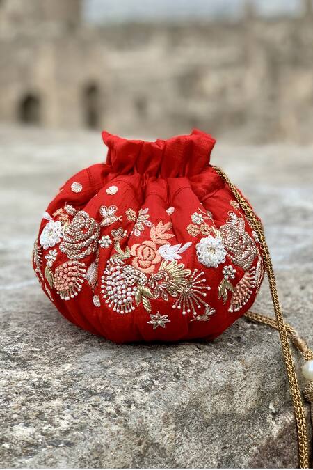 Handled Silk Embroidered Potli Bags (Red)