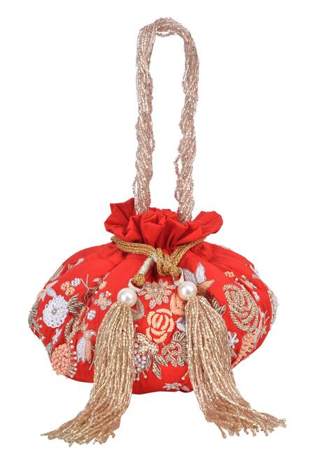 Ozel_Red Beads Silk Embroidered Potli Bag_Online_at_Aza_Fashions