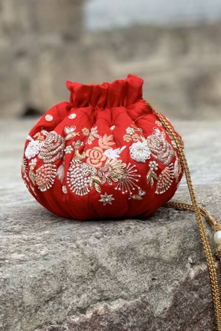 Buy_Ozel_Red Beads Silk Embroidered Potli Bag_Online_at_Aza_Fashions