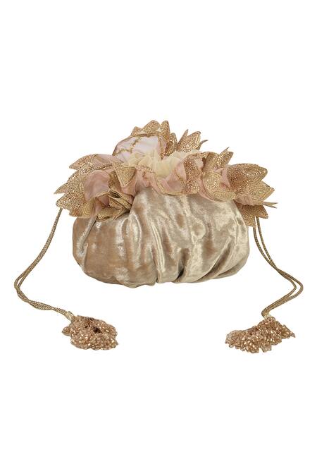 Buy_Ozel_Gold Beads Velvet Embellished Potli Bag_Online_at_Aza_Fashions