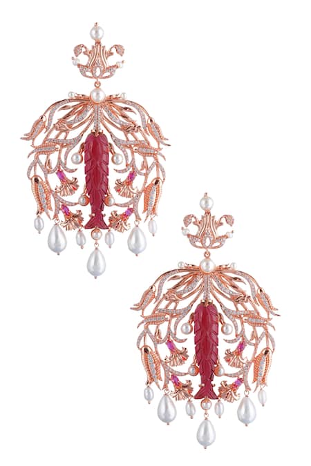 Shop_Opalina Soulful Jewellery_Gold Plated Pearl Bead Drop Chandeliers _at_Aza_Fashions