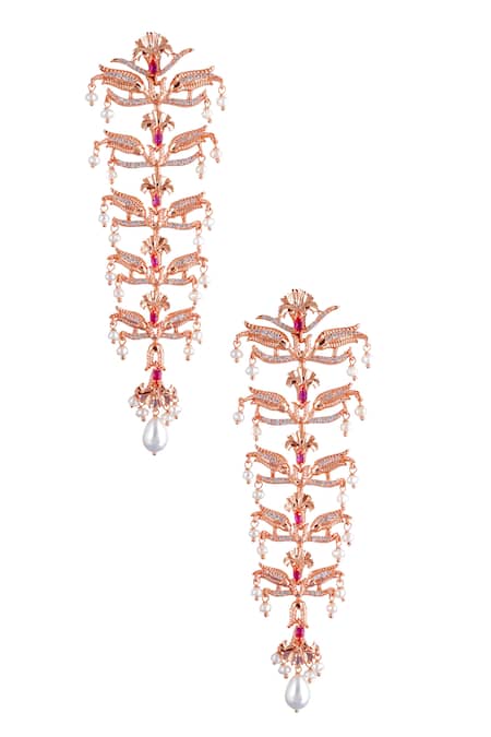 Shop Opalina Soulful Jewellery Gold Plated Pearls, Crystals, Diamonds Bead Drop Tiered Chandeliers at Aza Fashions Shop_Opalina Soulful Jewellery_Gold Plated Pearls, Crystals, Diamonds Bead Drop Tiered Chandeliers _at_Aza_Fashions