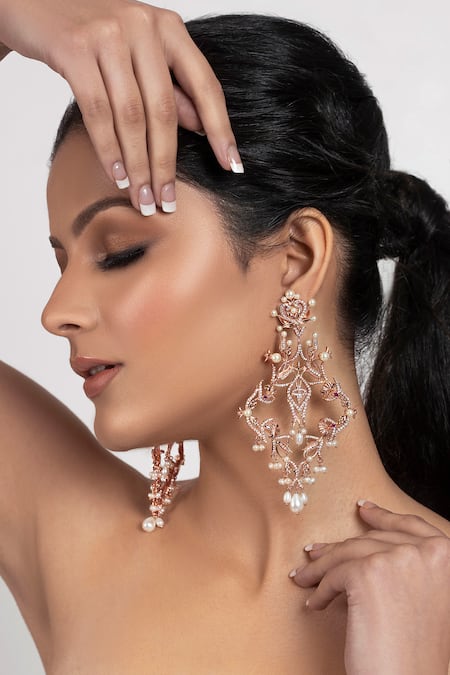 Opalina Soulful Jewellery Gold Plated Pearls, Crystals Alishba Bead Drop Chandeliers Online at Aza Fashions Opalina Soulful Jewellery_Gold Plated Pearls, Crystals Alishba Bead Drop Chandeliers _Online_at_Aza_Fashions