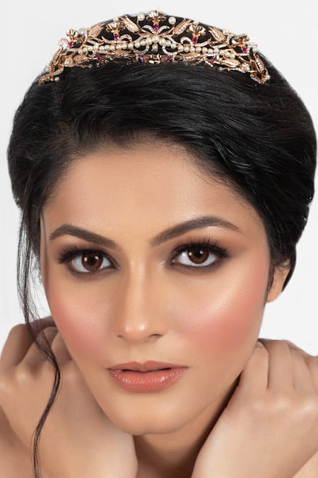 Shop Opalina Soulful Jewellery Gold Pearls, Stones Floral Hairband Online at Aza Fashions Shop_Opalina Soulful Jewellery_Gold Pearls, Stones Floral Hairband _Online_at_Aza_Fashions