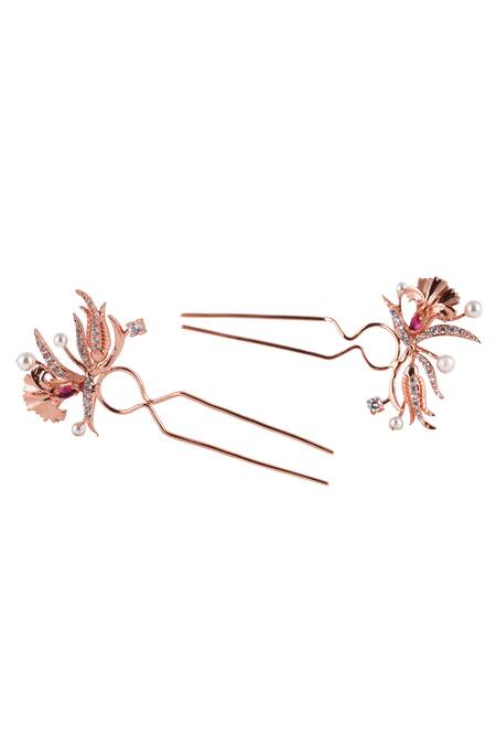 Opalina Soulful Jewellery_Gold Pearls, Crystals, Beads Floral Stone Hair Pins Set Of 2 _Online_at_Aza_Fashions