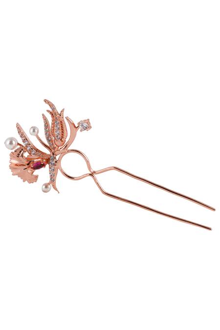 Shop_Opalina Soulful Jewellery_Gold Pearls, Crystals, Beads Floral Stone Hair Pins Set Of 2 _Online_at_Aza_Fashions