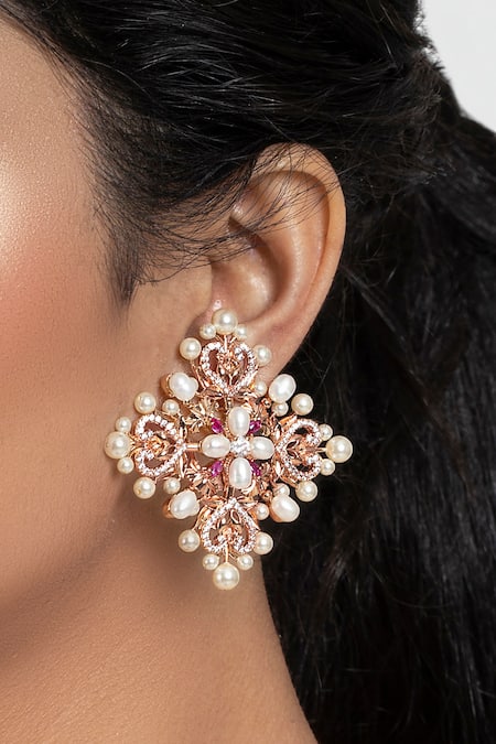 Buy_Opalina Soulful Jewellery_Gold Plated Swarovski Stone Estere Statement Earrings _Online_at_Aza_Fashions
