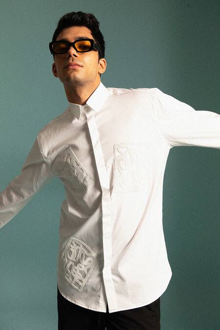 Sahil Aneja_White Cotton Screen Print Lines Shirt_Online_at_Aza_Fashions