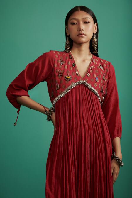 Buy 5elements Red 100% Cotton With Silk Brocade Yoke Woven Detail Anarkali And Pant Set Online at Aza Fashions Buy_5elements_Red 100% Cotton With Silk Brocade Yoke Woven Detail Anarkali And Pant Set _Online_at_Aza_Fashions