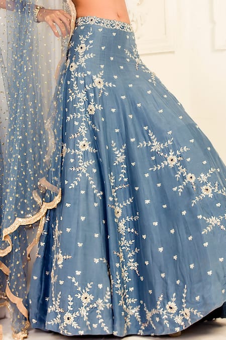 Shop Izzumi Mehta Blue Net, Dupion Leaf Neck Embroidered Bridal Lehenga Set at Aza Fashions Shop_Izzumi Mehta_Blue Net, Dupion Leaf Neck Embroidered Bridal Lehenga Set _at_Aza_Fashions