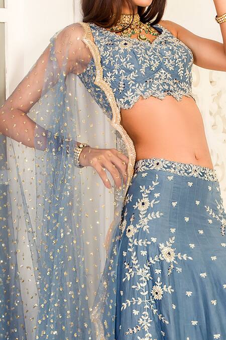 Izzumi Mehta Blue Net, Dupion Leaf Neck Embroidered Bridal Lehenga Set Online at Aza Fashions Izzumi Mehta_Blue Net, Dupion Leaf Neck Embroidered Bridal Lehenga Set _Online_at_Aza_Fashions