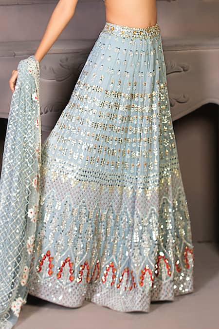 Shop Izzumi Mehta Blue Dupion Silk, Lucknowi Leaf Neck Embroidered Bridal Lehenga Set at Aza Fashions Shop_Izzumi Mehta_Blue Dupion Silk, Lucknowi Leaf Neck Embroidered Bridal Lehenga Set _at_Aza_Fashions