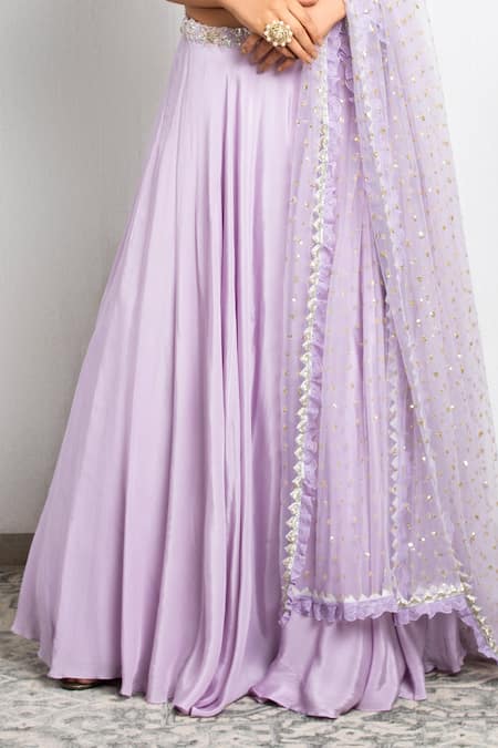 Shop Izzumi Mehta Purple Net, Korean Crepe V Neck Embroidered Blouse Bridal Lehenga Set at Aza Fashions Shop_Izzumi Mehta_Purple Net, Korean Crepe V Neck Embroidered Blouse Bridal Lehenga Set _at_Aza_Fashions