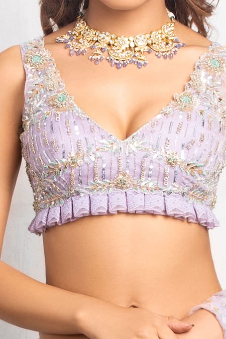 Izzumi Mehta Purple Net, Korean Crepe V Neck Embroidered Blouse Bridal Lehenga Set Online at Aza Fashions Izzumi Mehta_Purple Net, Korean Crepe V Neck Embroidered Blouse Bridal Lehenga Set _Online_at_Aza_Fashions