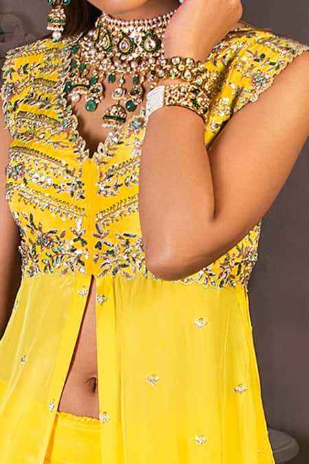 Izzumi Mehta Yellow Net, Korean Crepe V Neck Embroidered Kurta And Lehenga Set Online at Aza Fashions Izzumi Mehta_Yellow Net, Korean Crepe V Neck Embroidered Kurta And Lehenga Set_Online_at_Aza_Fashions