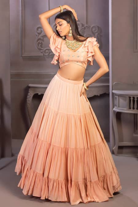 Izzumi Mehta Embroidered Blouse & Tiered Lehenga Set 
