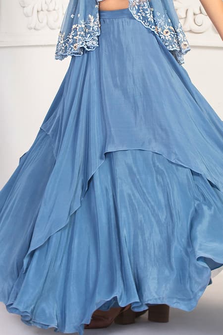 Shop Izzumi Mehta Blue Organza, Korean Crepe V Neck Peplum Blouse And Layered Lehenga Set at Aza Fashions Shop_Izzumi Mehta_Blue Organza, Korean Crepe V Neck Peplum Blouse And Layered Lehenga Set _at_Aza_Fashions