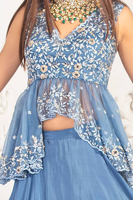Izzumi Mehta Blue Organza, Korean Crepe V Neck Peplum Blouse And Layered Lehenga Set Online at Aza Fashions Izzumi Mehta_Blue Organza, Korean Crepe V Neck Peplum Blouse And Layered Lehenga Set _Online_at_Aza_Fashions