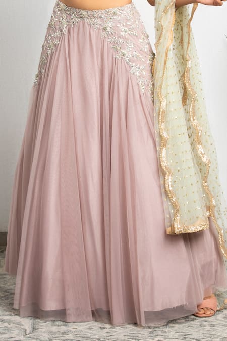 Shop Izzumi Mehta Pink Soft Net V Neck Zardozi Embroidered Bridal Lehenga Set at Aza Fashions Shop_Izzumi Mehta_Pink Soft Net V Neck Zardozi Embroidered Bridal Lehenga Set _at_Aza_Fashions