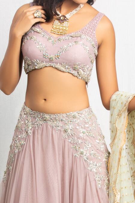 Izzumi Mehta Pink Soft Net V Neck Zardozi Embroidered Bridal Lehenga Set Online at Aza Fashions Izzumi Mehta_Pink Soft Net V Neck Zardozi Embroidered Bridal Lehenga Set _Online_at_Aza_Fashions