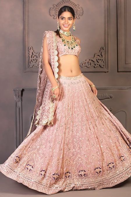 Buy Purple Lucknowi Embroidery Thread Scoop Neck Shaded Jacket Lehenga Set  For Women by Sonia Bansal Online at Aza Fashions.