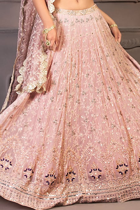 Shop Izzumi Mehta Pink Dupion Silk, Lucknowi Leaf Neck Embroidered Bridal Lehenga Set at Aza Fashions Shop_Izzumi Mehta_Pink Dupion Silk, Lucknowi Leaf Neck Embroidered Bridal Lehenga Set _at_Aza_Fashions