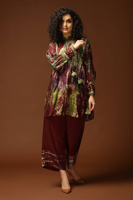 Buy_Capisvirleo_Maroon Habutai Silk Sequin, Thread And Bead, Tie & Dye Band Tunic & Pant Set _Online_at_Aza_Fashions