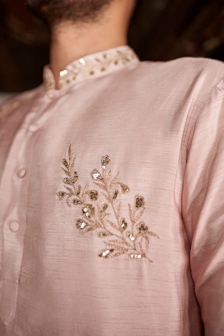 Shop_Prathyusha Garimella_Pink Raw Silk Lining Shantoon Embroidered Kurta And Pant Set _at_Aza_Fashions