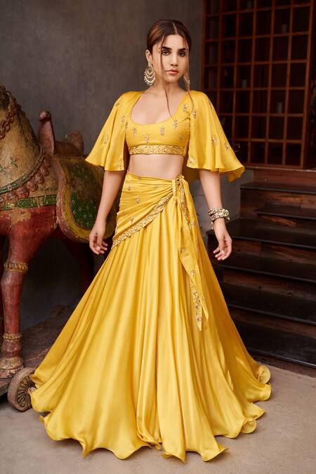 Prathyusha Garimella Yellow Embroidered Cape Lehenga Set 