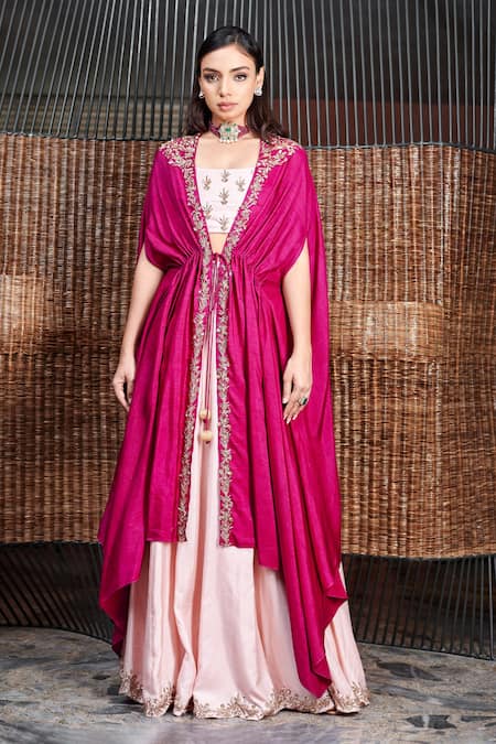 Prathyusha Garimella Wine Embroidered Cape Lehenga Set 