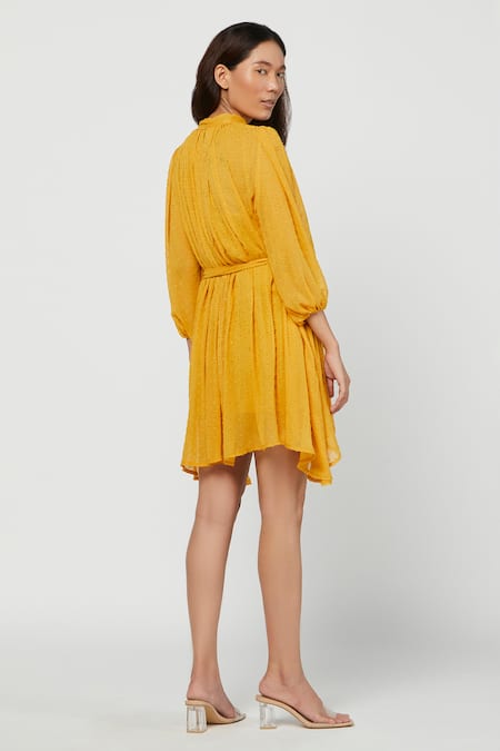 Shop_Meadow_Yellow Silk Chiffon, Swiss Dot Round Flared Short Dress _at_Aza_Fashions