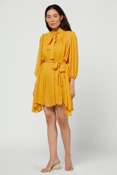 Buy_Meadow_Yellow Silk Chiffon, Swiss Dot Round Flared Short Dress _Online_at_Aza_Fashions
