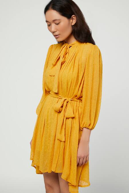 Shop_Meadow_Yellow Silk Chiffon, Swiss Dot Round Flared Short Dress _Online_at_Aza_Fashions