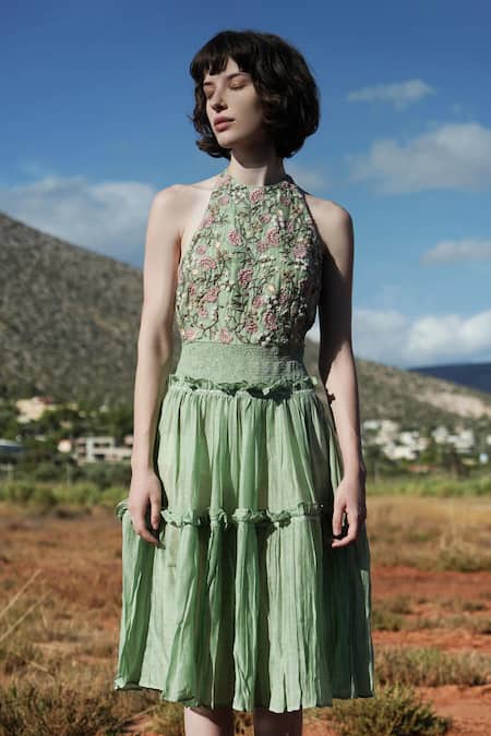 Buy_Shruti Sancheti_Green Silk Mul Round Embroidered Dress _Online_at_Aza_Fashions