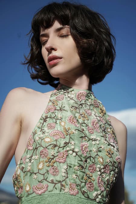 Shop_Shruti Sancheti_Green Silk Mul Round Embroidered Dress _Online_at_Aza_Fashions