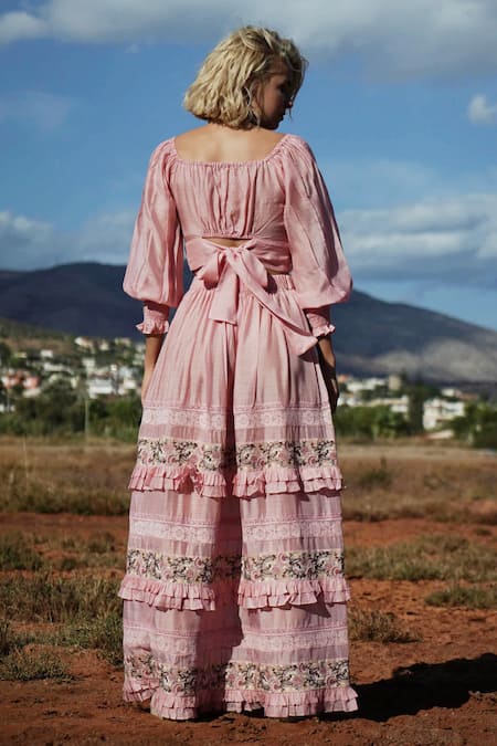 Shop_Shruti Sancheti_Peach Silk Mul V Neck Embroidered Skirt Set  _at_Aza_Fashions