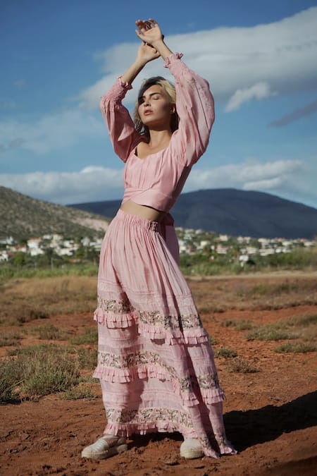 Shruti Sancheti_Peach Silk Mul V Neck Embroidered Skirt Set  _Online_at_Aza_Fashions