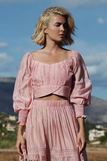Buy_Shruti Sancheti_Peach Silk Mul V Neck Embroidered Skirt Set  _Online_at_Aza_Fashions