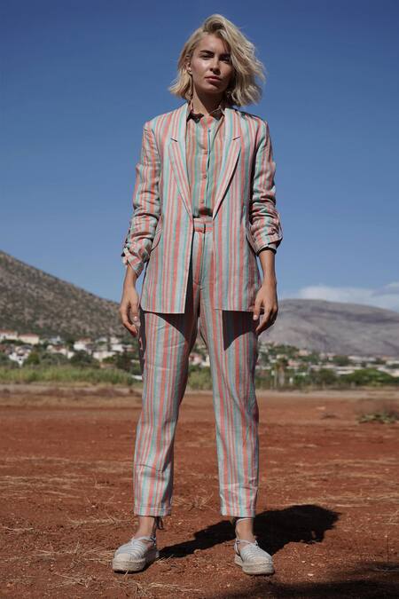 Shruti Sancheti Multi Color Linen Notched Lapel Striped Jacket And Pant Set Online at Aza Fashions Shruti Sancheti_Multi Color Linen Notched Lapel Striped Jacket And Pant Set_Online_at_Aza_Fashions