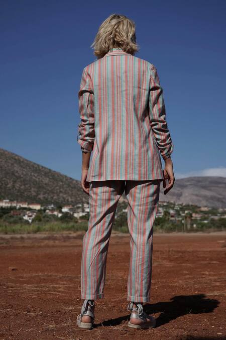 Shop Shruti Sancheti Multi Color Linen Notched Lapel Striped Jacket And Pant Set at Aza Fashions Shop_Shruti Sancheti_Multi Color Linen Notched Lapel Striped Jacket And Pant Set_at_Aza_Fashions