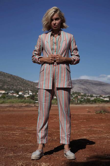 Buy Shruti Sancheti Multi Color Linen Notched Lapel Striped Jacket And Pant Set Online at Aza Fashions Buy_Shruti Sancheti_Multi Color Linen Notched Lapel Striped Jacket And Pant Set_Online_at_Aza_Fashions