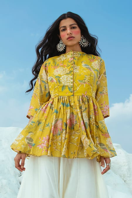 Paulmi and Harsh Yellow Cotton Silk Round Printed Top With Flared Pant 