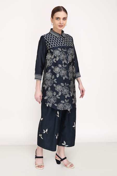 Shop_Arcvsh By Pallavi Singh_Blue Lining Cotton, Silk Chanderi Petal Printed Palazzo _Online_at_Aza_Fashions