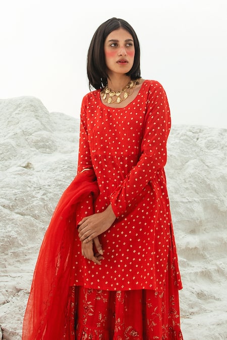 Paulmi and Harsh Red Kurta And Skirt Cotton Silk Dupatta Net Round Printed Set  