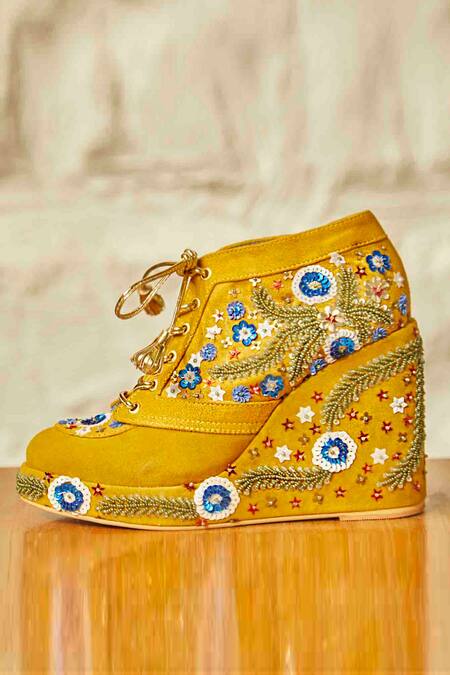 Tiesta Yellow Sequin Embroidered Sneaker Wedges Online at Aza Fashions Tiesta_Yellow Sequin Embroidered Sneaker Wedges _Online_at_Aza_Fashions