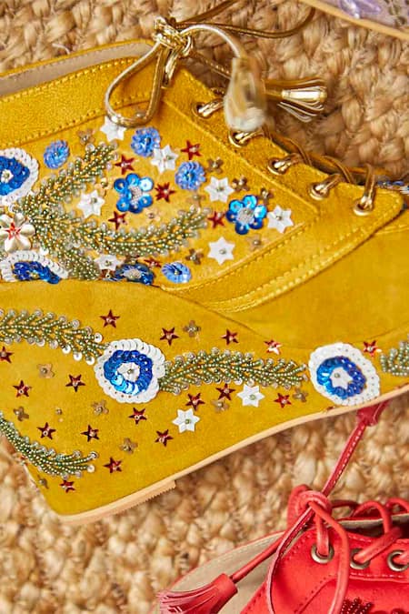Buy Tiesta Yellow Sequin Embroidered Sneaker Wedges Online at Aza Fashions Buy_Tiesta_Yellow Sequin Embroidered Sneaker Wedges _Online_at_Aza_Fashions