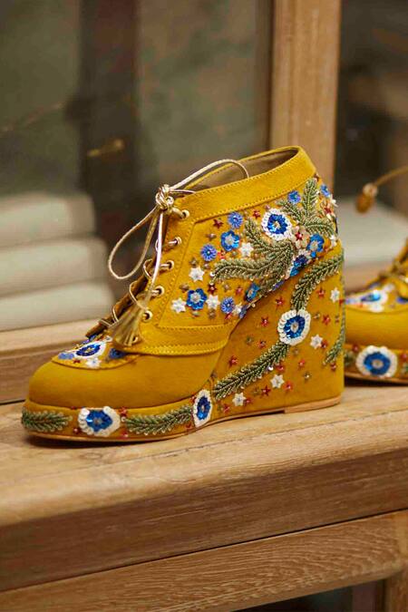 Shop Tiesta Yellow Sequin Embroidered Sneaker Wedges Online at Aza Fashions Shop_Tiesta_Yellow Sequin Embroidered Sneaker Wedges _Online_at_Aza_Fashions