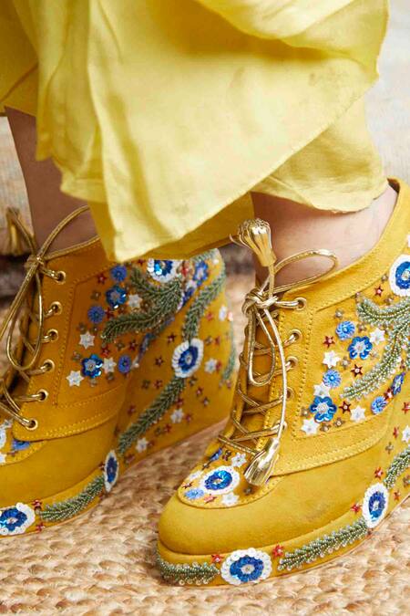 Tiesta Yellow Sequin Embroidered Sneaker Wedges at Aza Fashions Tiesta_Yellow Sequin Embroidered Sneaker Wedges _at_Aza_Fashions
