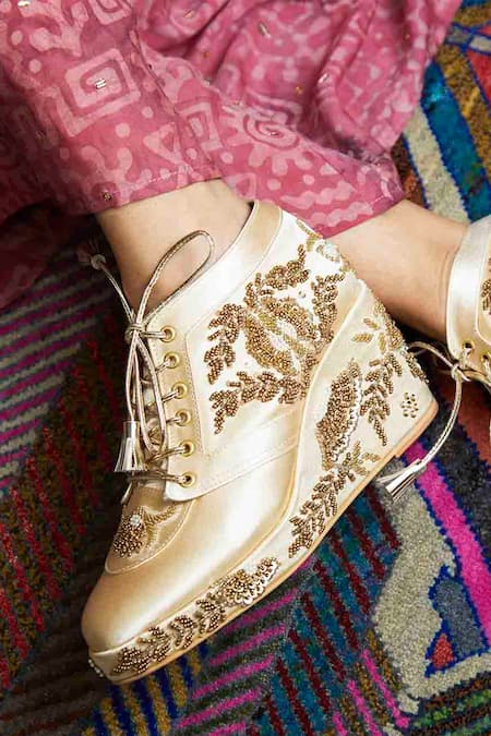 Tiesta_Gold Embroidery Tropical Sneaker Wedges _Online_at_Aza_Fashions